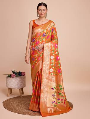 Orange woven paithani style saree with blouse piece 1