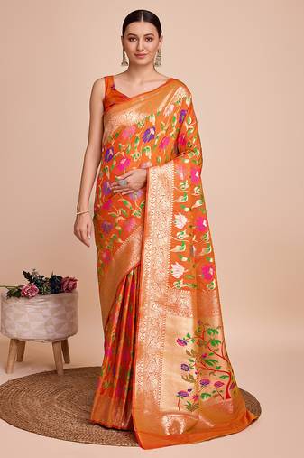 Orange woven paithani style saree with blouse piece
