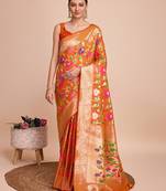 Orange woven paithani style saree with blouse piece