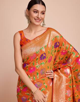 Orange woven paithani style saree with blouse piece 2