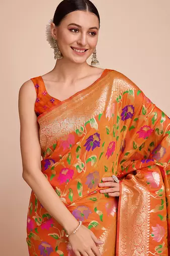 Orange woven paithani style saree with blouse piece