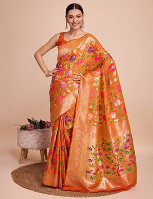 Orange woven paithani style saree with blouse piece 3