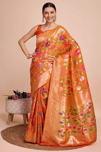 Orange woven paithani style saree with blouse piece