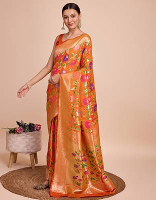 Orange woven paithani style saree with blouse piece 4