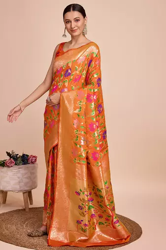Orange woven paithani style saree with blouse piece