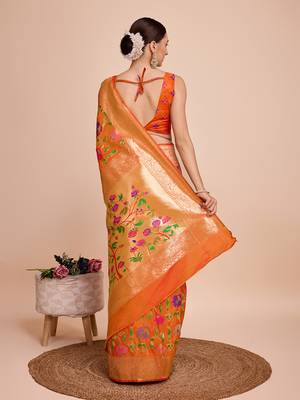 Orange woven paithani style saree with blouse piece 5