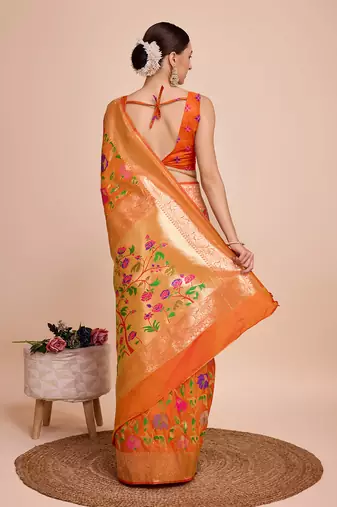 Orange woven paithani style saree with blouse piece