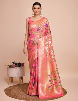 Peach woven paithani style saree with blouse piece 1