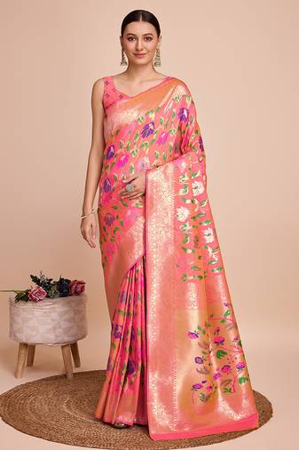 Peach woven paithani style saree with blouse piece