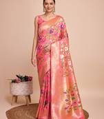 Peach woven paithani style saree with blouse piece
