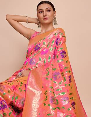 Peach woven paithani style saree with blouse piece 2