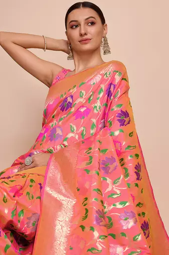 Peach woven paithani style saree with blouse piece