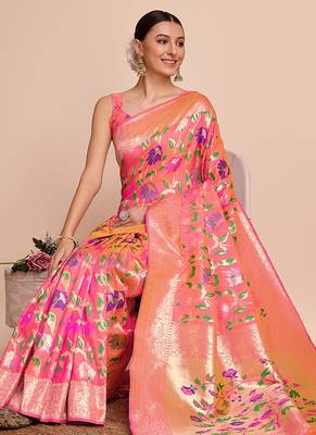 Peach woven paithani style saree with blouse piece 3