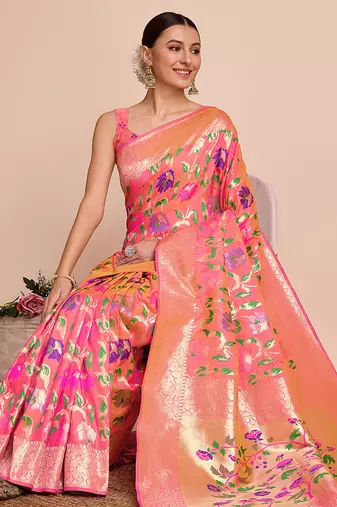 Peach woven paithani style saree with blouse piece