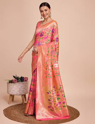 Peach woven paithani style saree with blouse piece 4