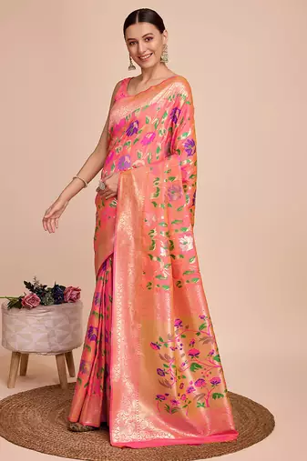 Peach woven paithani style saree with blouse piece