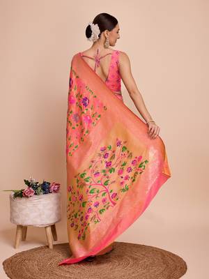 Peach woven paithani style saree with blouse piece 5
