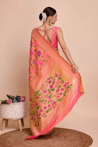 Peach woven paithani style saree with blouse piece