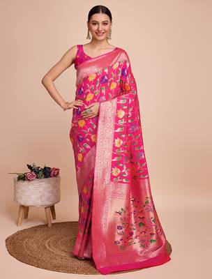 Pink woven paithani style saree with blouse piece 1