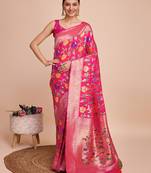 Pink woven paithani style saree with blouse piece