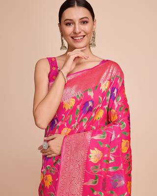 Pink woven paithani style saree with blouse piece 2
