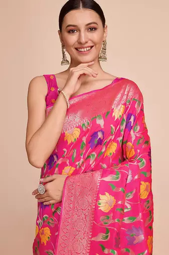 Pink woven paithani style saree with blouse piece