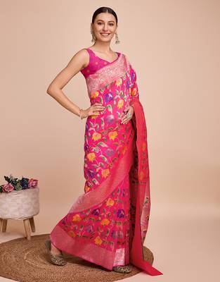 Pink woven paithani style saree with blouse piece 3