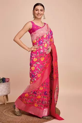 Pink woven paithani style saree with blouse piece