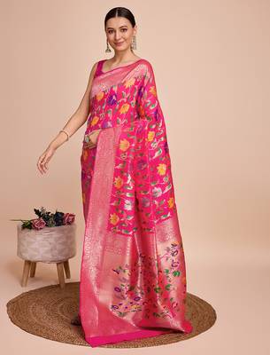 Pink woven paithani style saree with blouse piece 4