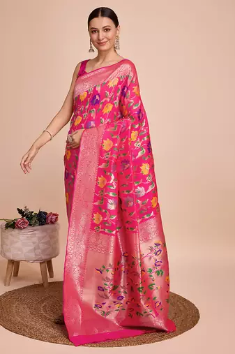 Pink woven paithani style saree with blouse piece