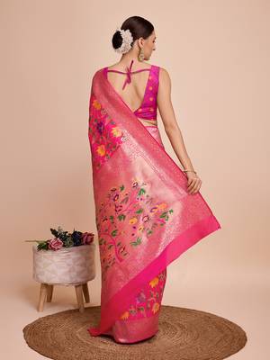 Pink woven paithani style saree with blouse piece 5