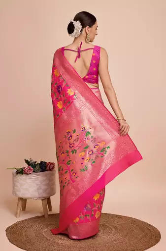 Pink woven paithani style saree with blouse piece