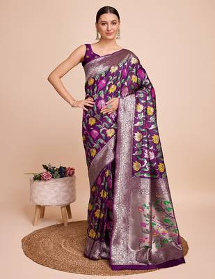 Purple woven paithani style saree with blouse piece 1