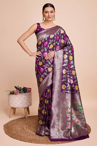 Purple woven paithani style saree with blouse piece