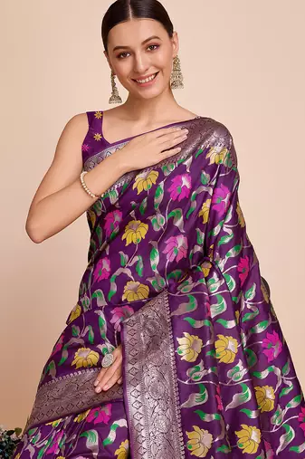 Purple woven paithani style saree with blouse piece