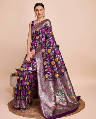 Purple woven paithani style saree with blouse piece 3
