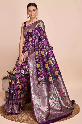Purple woven paithani style saree with blouse piece
