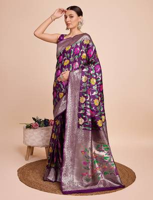 Purple woven paithani style saree with blouse piece 4