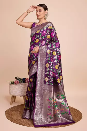 Purple woven paithani style saree with blouse piece