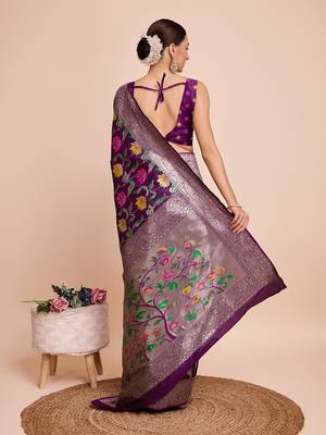 Purple woven paithani style saree with blouse piece 5