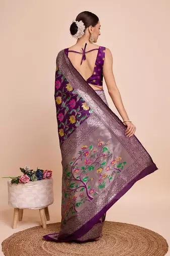 Purple woven paithani style saree with blouse piece