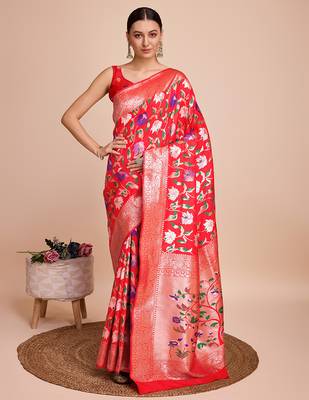 Red woven paithani style saree with blouse piece 1