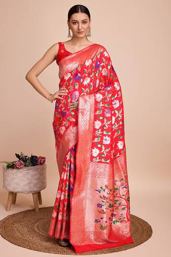 Red woven paithani style saree with blouse piece