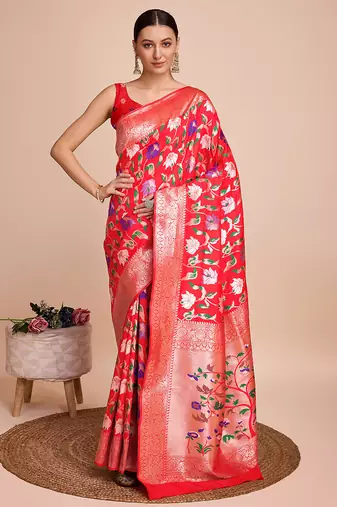 Red woven paithani style saree with blouse piece