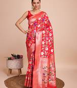 Red woven paithani style saree with blouse piece