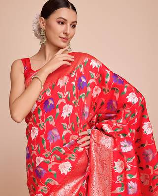 Red woven paithani style saree with blouse piece 2