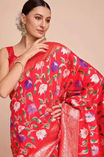 Red woven paithani style saree with blouse piece