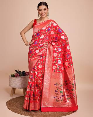 Red woven paithani style saree with blouse piece 3