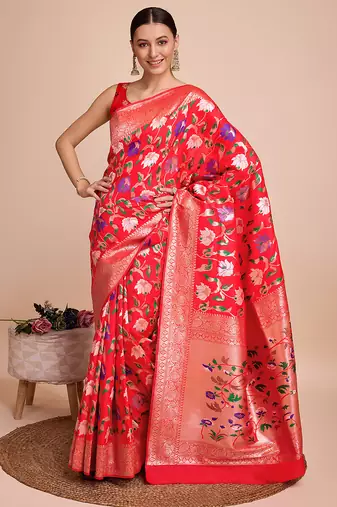 Red woven paithani style saree with blouse piece