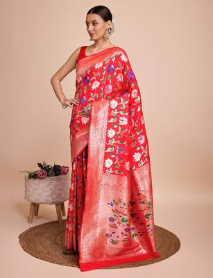 Red woven paithani style saree with blouse piece 4